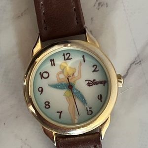Disney Woman's Tinkerbell Gold Tone Watch Brown Leather Band